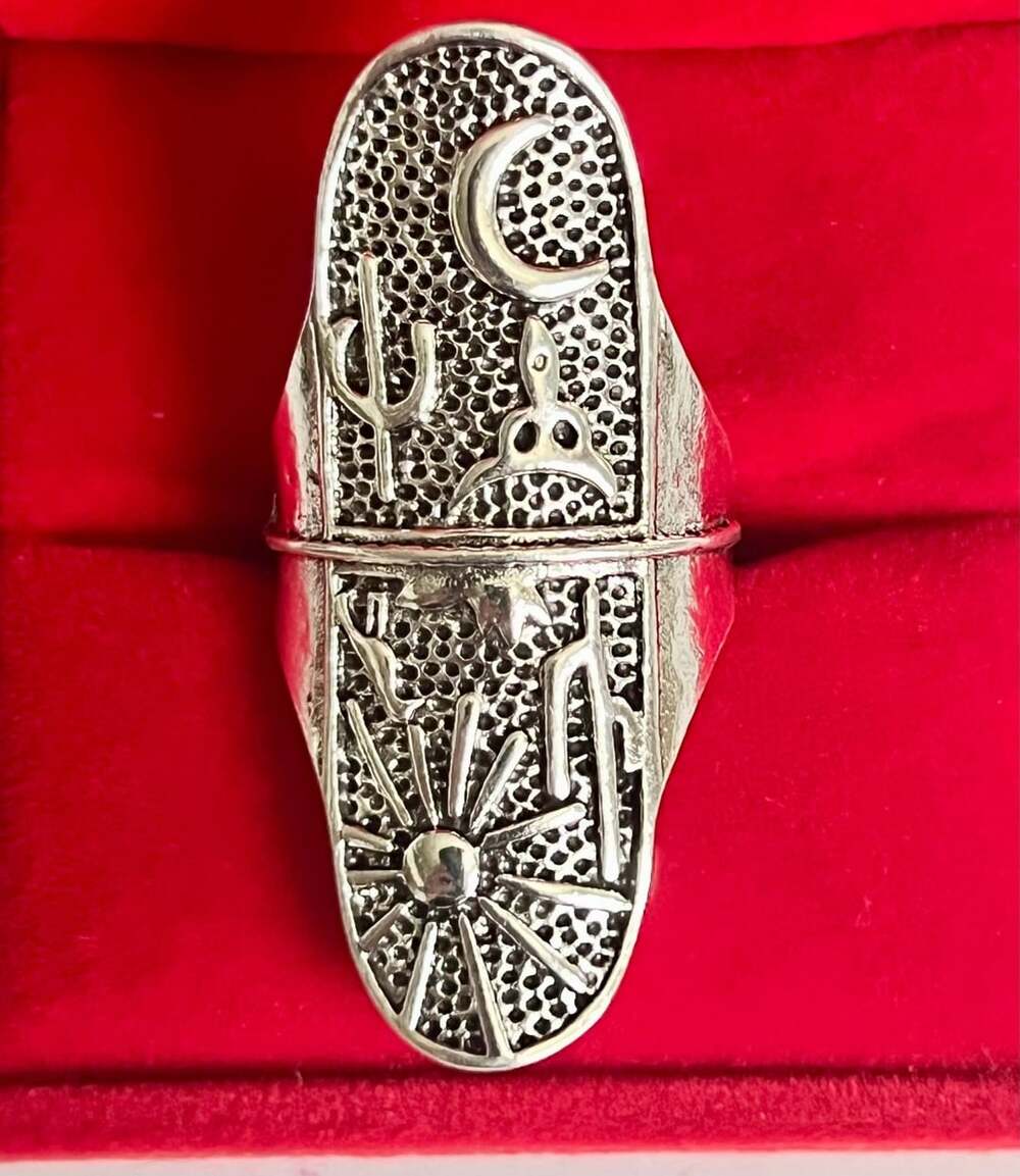 Bohemian Vintage Totem Ring Sun Moon Cactus Bird Silver Ring Size 6
